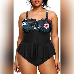 NWT Yonique 2 Piece Ruched Peplum Scalloped Swimsuit, Black/Floral, 16W